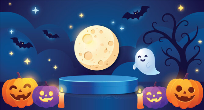 Halloween 3D podium product display banner Spooky trees and glowing pumpkins and bat flying banner design on moon night black background illustration