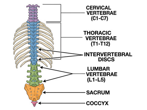 Human spine anatomy diagram with labeled vertebrae sections isolated on white background