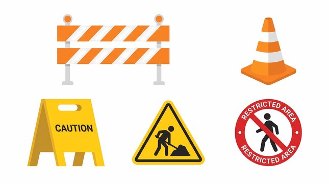 Road Safety and Construction Warning Signs Collection with Traffic Barriers and Cones