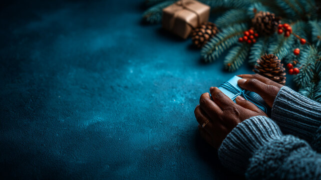 Dark blue background with hands holding small christmas present, christmas