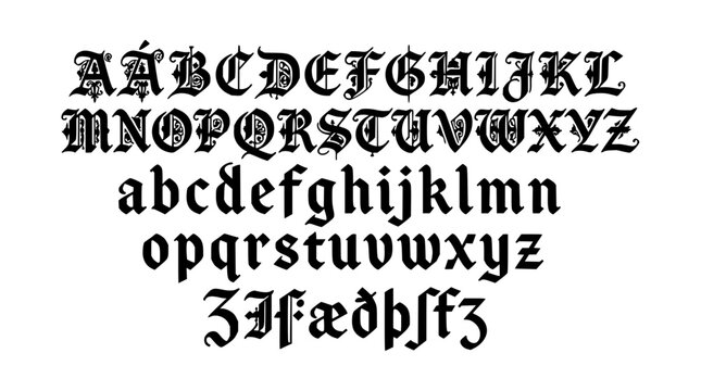 Blackletter typeface ornate lettering set with gothic calligraphy featuring majuscules, minuscules, and decorative swirls with flourishes and vintage textures