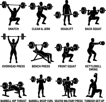 Fitness exercise silhouettes demonstrating weightlifting techniques with barbells and kettlebells in a clean graphic style
