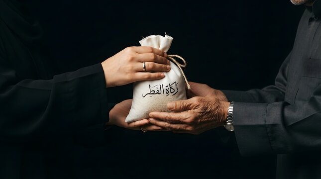 Muslim Hands Sharing Rice Alms Bags Isolated on Black Background. Islamic Charity and Food Donation Concept for Zakat, Sadaqah, Ramadan, Eid and Humanitarian Aid