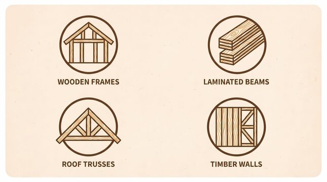 Timber Construction Icon Set for Wooden Frames Roof Trusses and Engineered Wood Structures