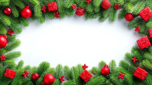 Christmas festive border frame with pine branches and red ornaments and boxes