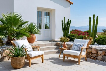 Fototapeta premium Mediterranean style villa patio with outdoor furniture and succulents