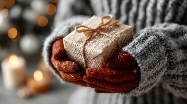 Close up of hands wearing warm wool mittens holding a small festive gift