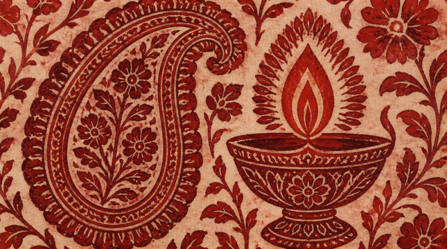 Diwali Lamp Paisley Floral Pattern Traditional Indian Textile Design