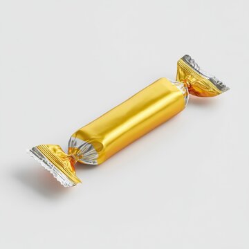 Glossy golden wrapped chocolate bar resting on a pristine surface with shiny silver ends