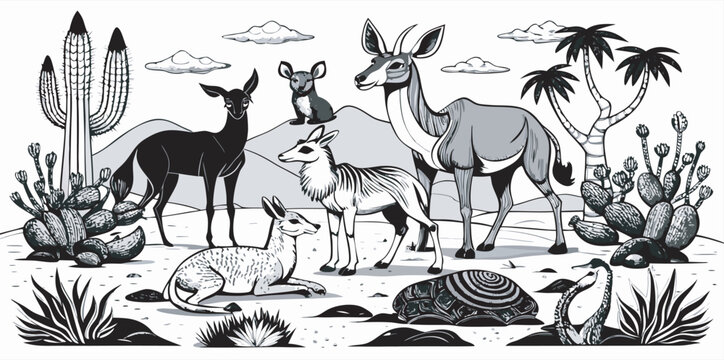 A detailed black-and-white coloring book page illustration featuring a variety of desert-dwelling animals arranged on a white background. The composition includes a dromedary camel on the top left, a 