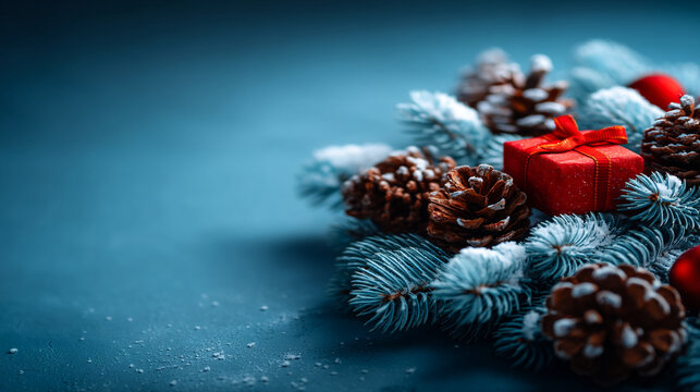 Red christmas gift box amidst frosted pine branches and pinecones with pinecone