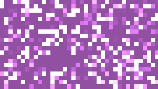 Vibrant purple and pink abstract pixel background with glitch glowing square block pattern, digital technology mosaic texture, and bright white grid design