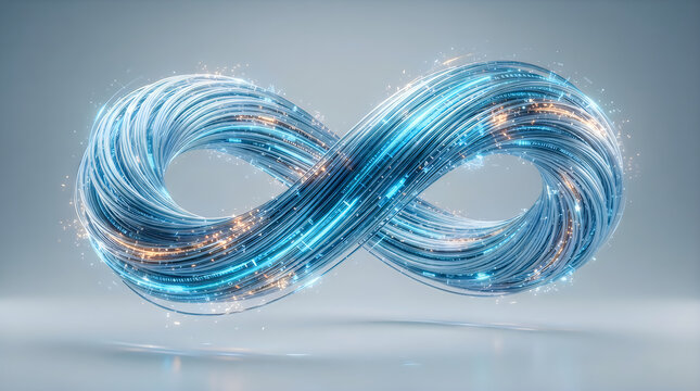 Abstract blue infinity symbol made of flowing digital cables and glowing light particles