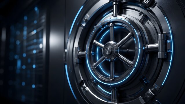 Heavy metallic bank vault door with circular wheel and glowing blue neon lights. Concept of financial asset protection, digital wealth security, and decentralized crypto storage.