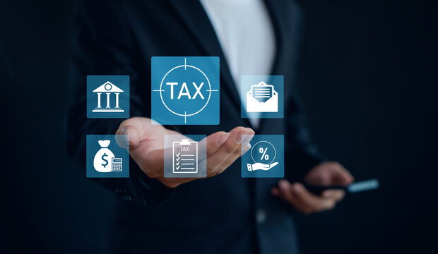 Digital tax services concept with online tax filing, financial compliance, electronic tax documents, business accounting, tax planning, government regulations and secure payment solutions.
