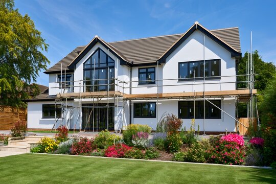 Modern house construction showing scaffolding and garden