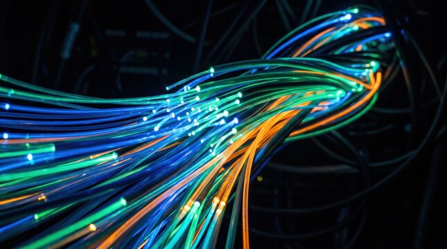 Close up of colorful glowing fiber optic cables transmitting high speed internet data, telecommunications network infrastructure representing fast broadband connection and digital