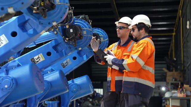 Industrial engineer inspecting a robotic arm machine in an automated manufacturing factory, robotics, automation, smart manufacturing, machine maintenance, quality control and Industry 4.0 technology.