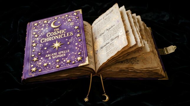 An open purple spellbook titled the cosmic chronicles with gold celestial symbols and aged parchment pages featuring handwritten arcane text