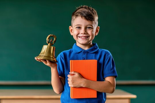 Smiling schoolboy holding brass bell and book in a classroom with sharp focus for educational marketing and back-to-school advertising