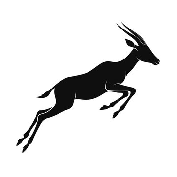 Graceful gazelle silhouette jumping, elegant antelope vector icon, black impala wildlife illustration isolated on white background