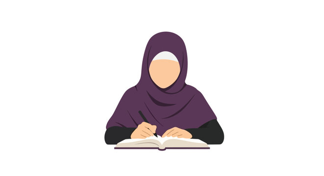 Muslim woman in purple hijab writing in a book vector illustration