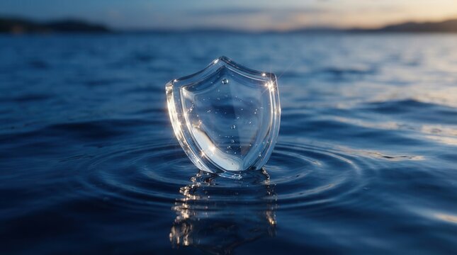 Glass shield floating in sparkling water with deep Digital security glowing blue network pattern