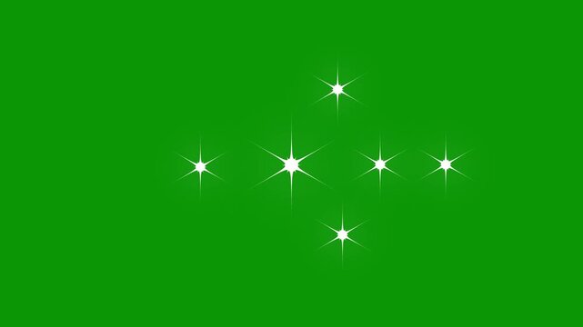 Shimmering sparkling stars shine animation on green screen background, glowing white cartoon vector doodles with blinking twinkle effect, transparent festive overlay, 4k
