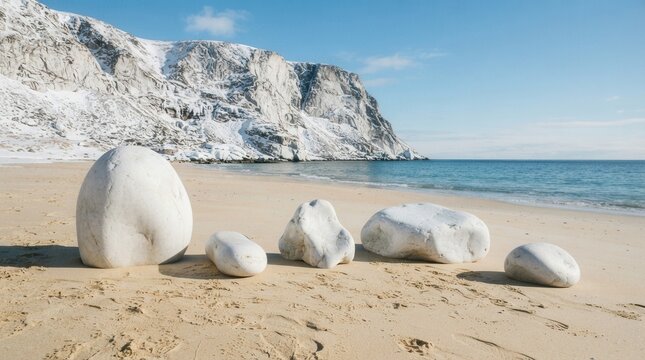 Tranquil Beachscape: Five White Rocks in Various Shapes Raw marble blocks resting on quarry floor