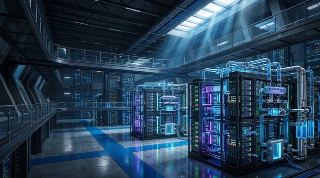 Advanced data center featuring cutting edge servers and vibrant neon lighting in contemporary architectural design