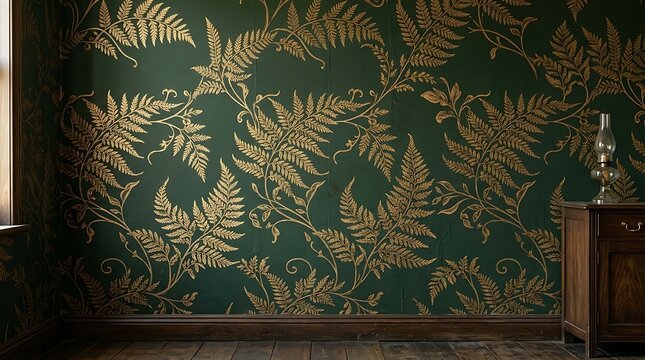 Dark green wallpaper with gold fern leaf pattern in a vintage room