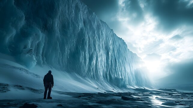 A lone climber stands silhouetted against a towering ice wall under dramatic sky light, emphasizing scale and raw natural grandeur of polar wilderness. Epic mountain climbing adventure.