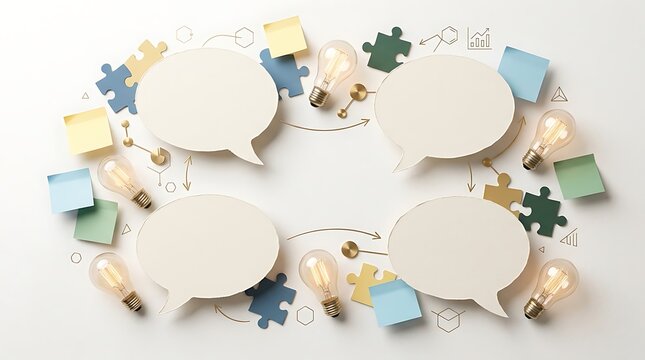 Speech bubbles with puzzle pieces for communication and teamwork. Illustration of dialogue and collaboration concepts.