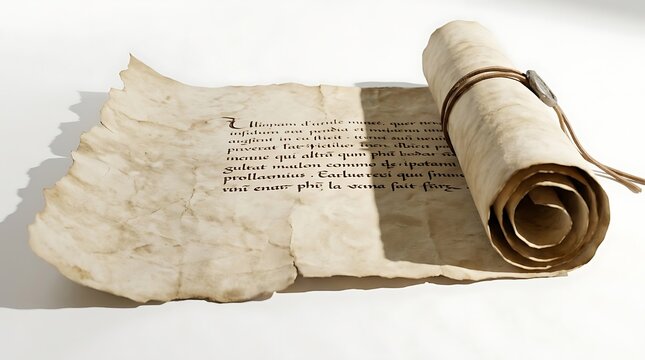 Old parchment paper scroll with handwritten calligraphy on white background