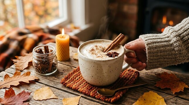 Person holding steaming spice latte at home during autumn by window