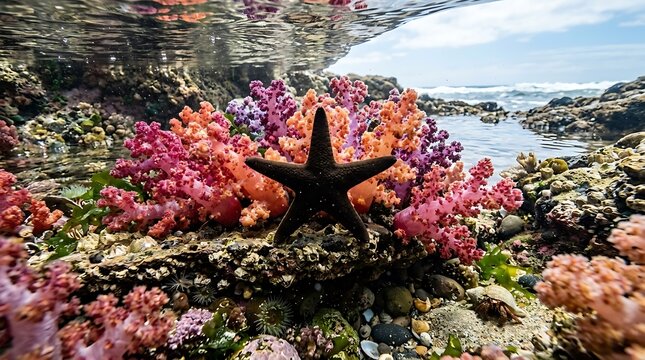 Vibrant coral reef with a starfish in a clear ocean tide pool, split view