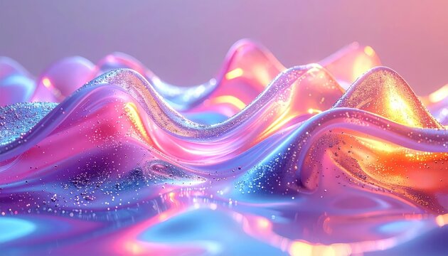Abstract iridescent liquid waves with glittering pink highlights