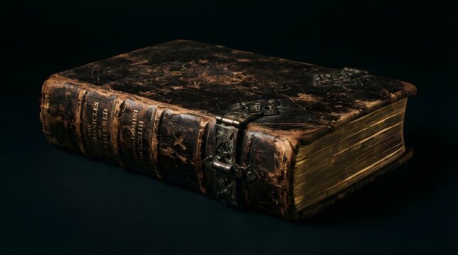 Antique leather bound ancient book with golden edges on dark background