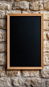 Empty blackboard in wooden frame mounted on textured stone wall with natural lighting for cafe signage and education marketing