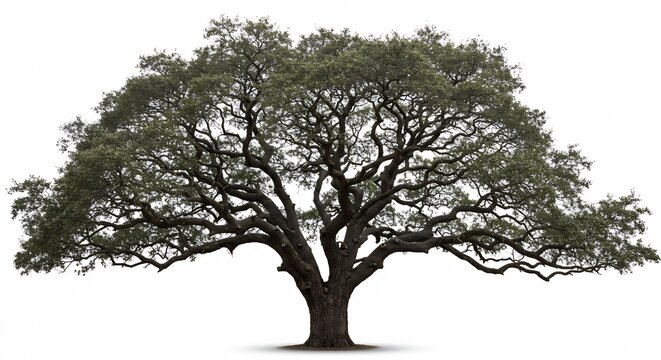 白い背景に力強くそびえ立つ生命力あふれる大きな木が広大な枝葉を伸ばし豊かな緑の葉が鮮やかに輝くその孤立した雄大な姿が自然の深遠な美しさを静かに語る. AI Generated