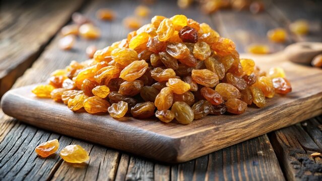 A delicate heap of golden jumbo raisins sprawls across a vintage wooden cutting board
