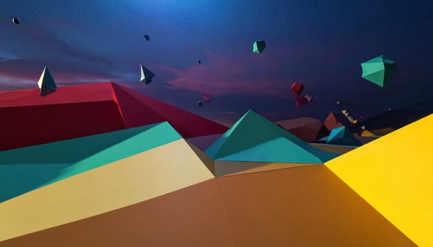 Abstract low poly geometric landscape under night sky