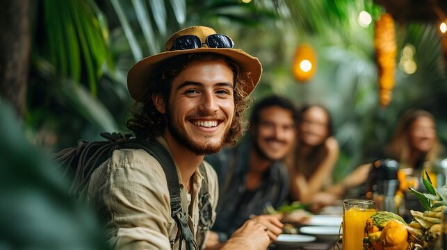 Group of explorers enjoying cultural immersion meal under jungle canopy with tropical decor and warm lighting, capturing adventurous travel experience and local hospitality.