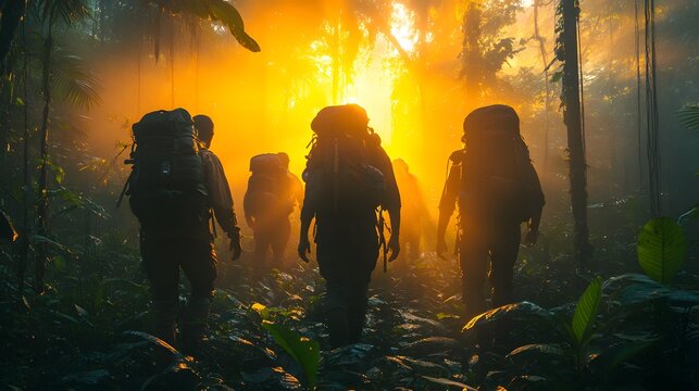 Group of adventurers trekking through dense jungle at golden hour practicing Leave No Trace ethics. Silhouetted against sunlit canopy, emphasizing eco-friendly exploration and outdoor resilience.