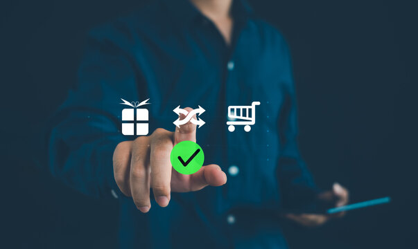 Business professional selecting product exchange and return approval with e-commerce shopping, refund process, order management, customer satisfaction, retail service, and quality assurance.