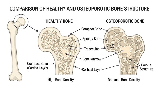 Human healthy and osteoporotic bone structure anatomy cross section diagram with detailed medical labels