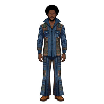 A digital illustration of a Black man with an afro hairstyle wearing a vintage 1970s-style patterned button-down shirt and matching flared trousers, full-body view.
