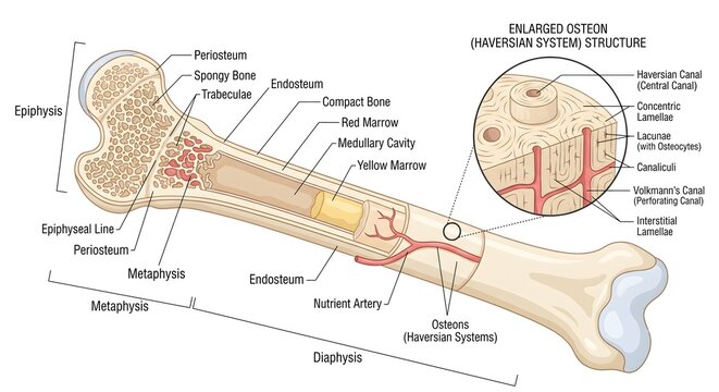 Human long bone anatomy cross section diagram with detailed medical labels showing internal structure and magnified osteon
