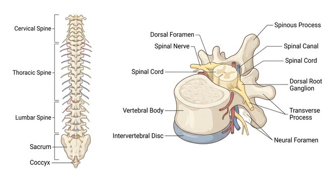 Human spine and vertebra cross section anatomy diagram with detailed medical labels showing spinal cord and nerves