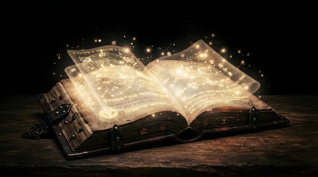 Open magical spellbook on a wooden table with glowing golden light and floating particles